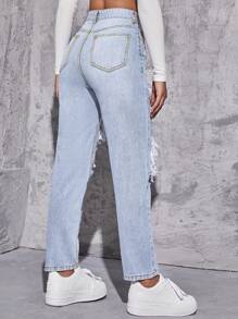 SHEIN EZwear High Waist Ripped Mom Fit Jeans - Light Wash - View 2