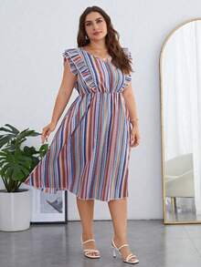 SHEIN Holidaya 休閒揉皺 後系帶條紋加大洋裝 - 彩色 - 查看 3