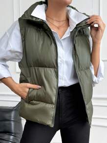 EURMUSE Solid Color Stand Collar Sleeveless Jacket Winter Vest - Khaki - View 1