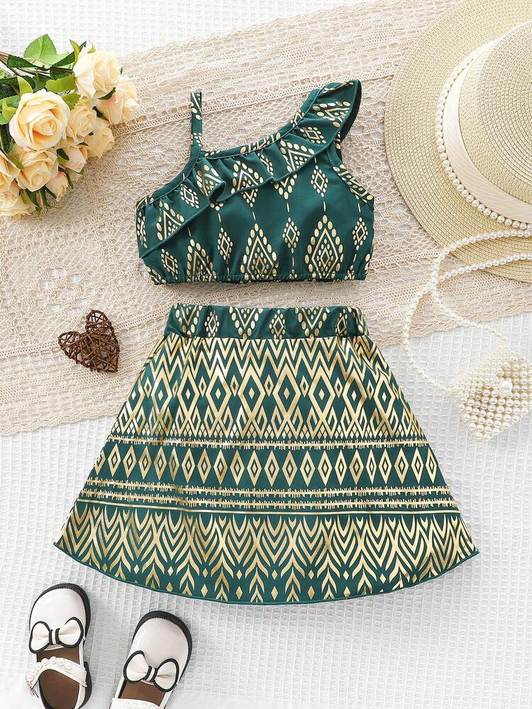 SHEIN Baby Girl's Top And Skirt With Ruffle Trim And Foil Print Detailing - Dark Green - View 1