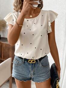 SHEIN Clasi Heart Print Round Neck Ruffle Trimmed Bodysuit With Decorative Bow - Apricot - View 6