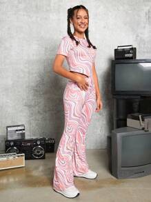 SHEIN Leap Crew Teen Girls' Short Sleeve T-Shirt And Flared Pants Knit Set In Wavy Pattern - Multicolor - View 3