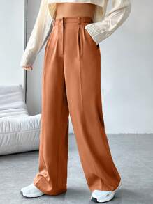 SHEIN EZwear 束口打褶斜口袋直筒西裝長褲 - 橘色 - 查看 3