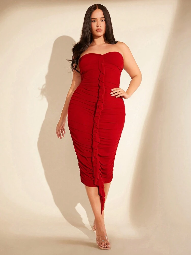 Strapless Ruffled Bodycon Midi Dress With Pleats And Front Draping Detail For Women