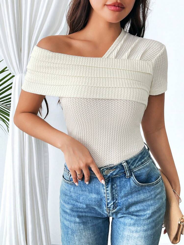 Solid Ruched Asymmetrical Neck Tee For Hen Party And Wedding Season