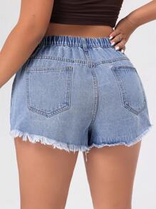 SHEIN ICON Plus Size Denim Shorts Kantong Raw Hem Ripped Plain - Biru - View 2