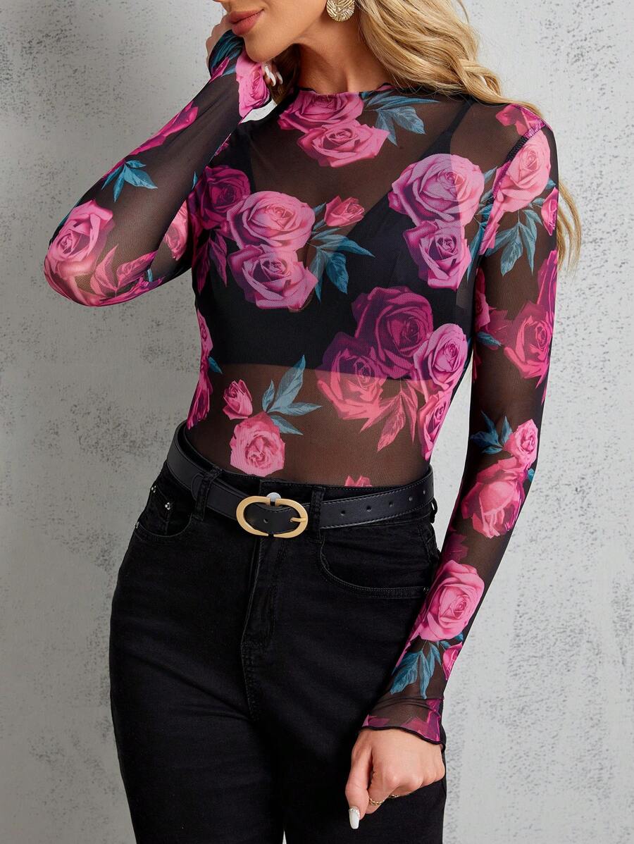 SHEIN Clasi Ladies' Stand Collar Sheer Floral Print Long Sleeve Blouse - Hot Pink - View 1