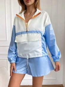 RueChic Women's Contrast Zip Half-Fly Jacket And Shorts Tracksuit - Multicolor - View 4