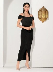 Modelyn 花卉提花挂脖扭花开叉连衣裙长款晚礼服 - 黑色 - 查看 6