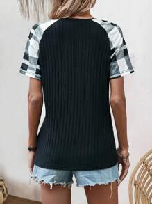 SHEIN LUNE Women's Round Neck Checked Print T-Shirt With Raglan Sleeve - Multicolor - View 2