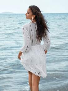 Anewsta Romantic Beach Style White Mid-Sleeve V-Neck Lace Splice Casual Dress With Waistbelt - White - View 2
