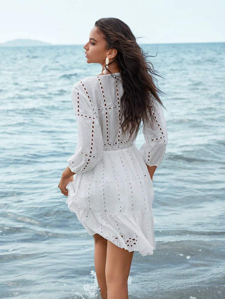 Anewsta Romantic Beach Style White Mid-Sleeve V-Neck Lace Splice Casual Dress With Waistbelt