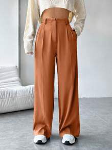 SHEIN EZwear 束口打褶斜口袋直筒西裝長褲 - 橘色 - 查看 1
