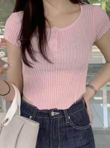 DAZY 女款短袖圓領羅紋針織上衣 - 粉色 - 查看 5
