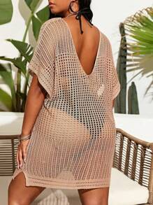 Plus Size Hollow Design Solid Color Batwing Sleeve Cover-Up Dress Swimsuit Cover Up Dress Summer - Khaki - View 1