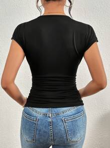 Chiquease 女士純色扭結短袖夏季t卹 - 黑色 - 查看 2