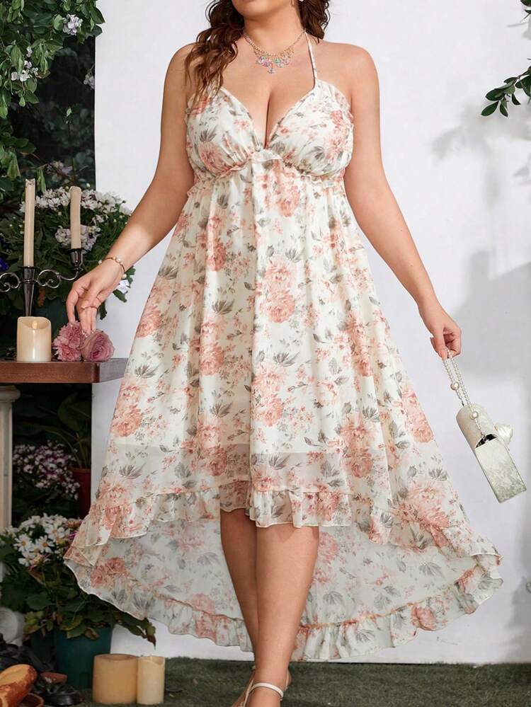Plus Size Women's Floral Print High-Low Hem Halter Neck Belted Dress
