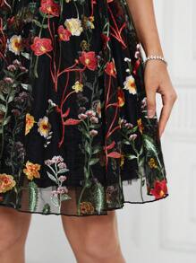 SHEIN Belle Elegant Women's Black Multi-Color Strap Top See-Through Romantic Mesh Embroidery 3D Floral A-Pend Fluffy Country Music Festival Easter Summer Vacation Wedding Event Bachelor Party Date Graduation Party Date Cocktail Party Dress Prom Semi Formal Wedding Guest Dress, For Birthday, Homecoming - Black - View 8