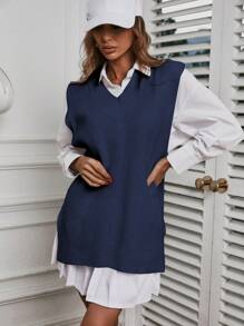 EURMUSE Women's Side Split Knit Sweater Vest - Navy Blue - View 4