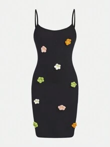 SHEIN Cô gái Tween Dệt kim 3D Hoa Trang trí Dây đeo Mì Ý  Đầm - màu đen - Xem 1