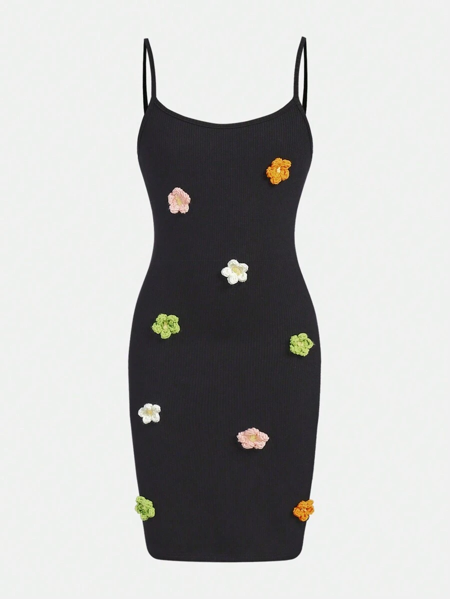 SHEIN Cô gái Tween Dệt kim 3D Hoa Trang trí Dây đeo Mì Ý Đầm - màu đen - Xem 1