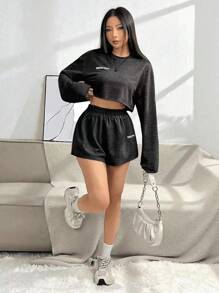 INAWLY Quý cô In thư Quần skinny Áo Và Bộ quần short - Màu xám đen - Xem 3