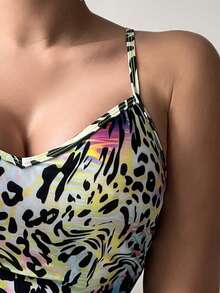 SHEIN Swim 女式豹紋淺灰色連肩泳衣 - 彩色 - 查看 3