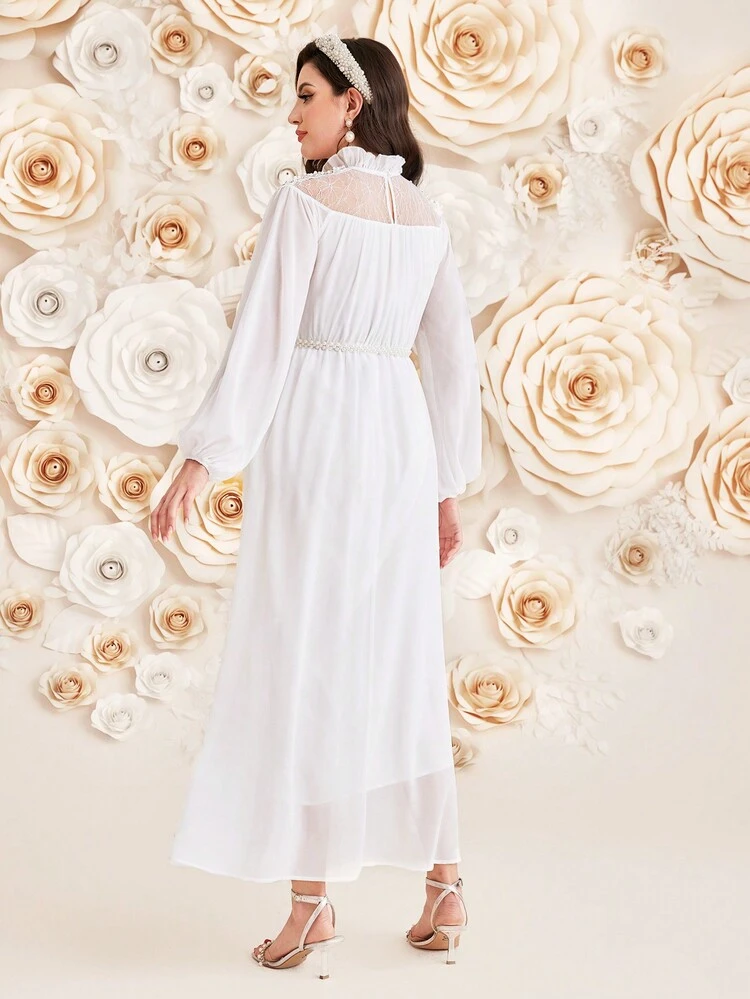 Patchwork Lace & Pearl & Stud Decor Lantern Sleeve Waist Belted Dress Long Evening Dresses