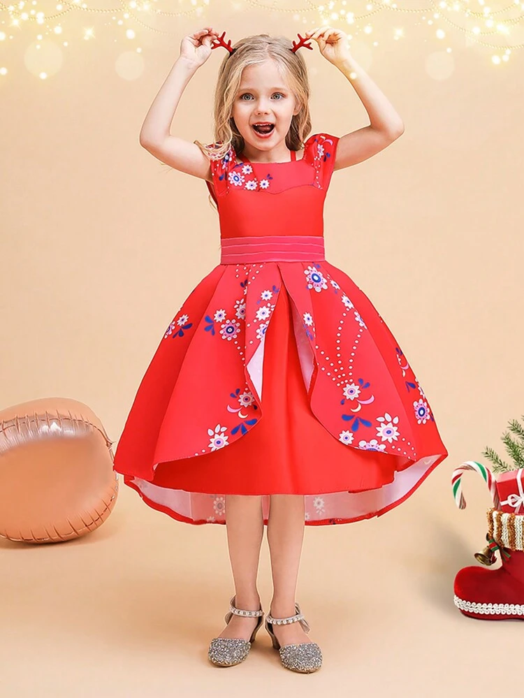 Young Girl's Flower Print Big Swing Princess Dress For Birthday Party, Wedding Flower Girl Dress