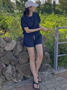 DAZY Solid Color Round Neck Short Sleeve Casual Top And Elastic Waist Shorts,Women Two Pieces Sets Lounge Sets For Women - Royal Blue - View 5