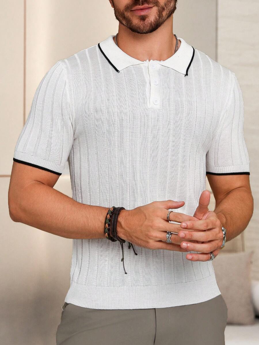 Manfinity Homme Men's Color Block Short Sleeve Polo Collar Knit Top With Decorative Accents - White - View 1