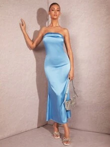 SHEIN BAE Mùa Xuân Buổi tiệc Cổ chữ V Không lưng Xa ten Quây Đầm Với Đuôi cá Hem - Màu xanh lam - Xem 3