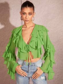 SHEIN BAE Solid Color Sweet Elegant V-Neck Tie Front Ruffle Hem Sheer Blouse With Flare Sleeves For Summer - Green - View 5