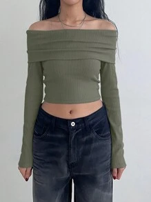 DAZY 女式纯色露肩长袖 T 恤，秋季女装短款女式上衣 - 橄欖綠 - 查看 4