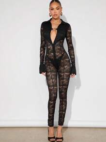 Hauture Mono Sexy De Manga Larga Transparente - Negro - Ver 3