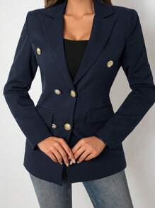 EURMUSE Ladies' Double-Breasted Long Sleeve Suit Jacket - Navy Blue - View 7