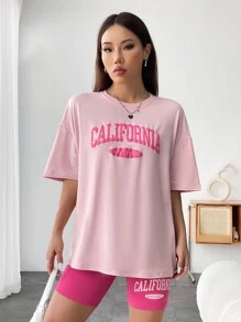 Flirla Women's 2pcs Casual Set With Letter Print Round Neck Short Sleeve T-Shirt And Shorts