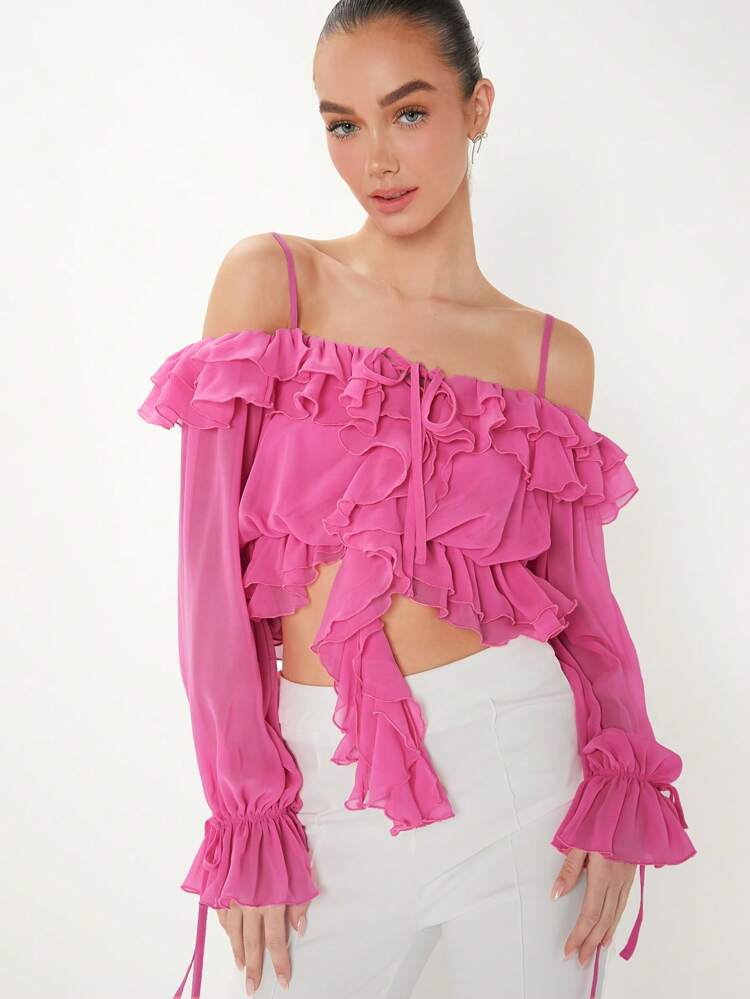 Blusa Feminina De Manga Longa Com Ombros Abertos E Acabamento Com Babados