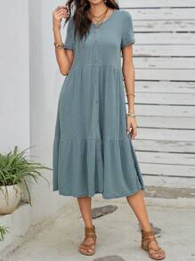 EMERY ROSE Knitted Kleid Mit Rüschensaum, Knopfleiste Und Rundhalsausschnitt In Einfarbigem Design Für Frauen - Grün - Übersicht 3