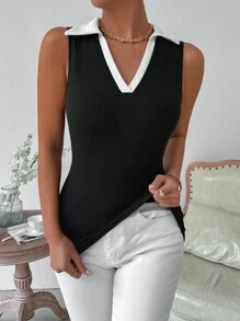 VaVaBold 女士夏季拼色无袖背心 图案 T 恤 女士上衣