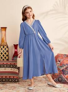 SHEIN Vestido Elegante Com Decote Em V Solto E Cinto De Tecido Para Meninas Adolescentes - Azul - Ver 4