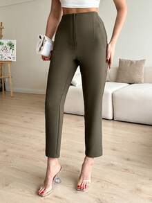 SHEIN Cottnline Ladies Pleated Solid Colored Pants - Khaki - View 5