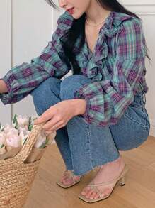 DAZY 女式格纹长袖衬衫，荷叶边领口，秋季格子服装