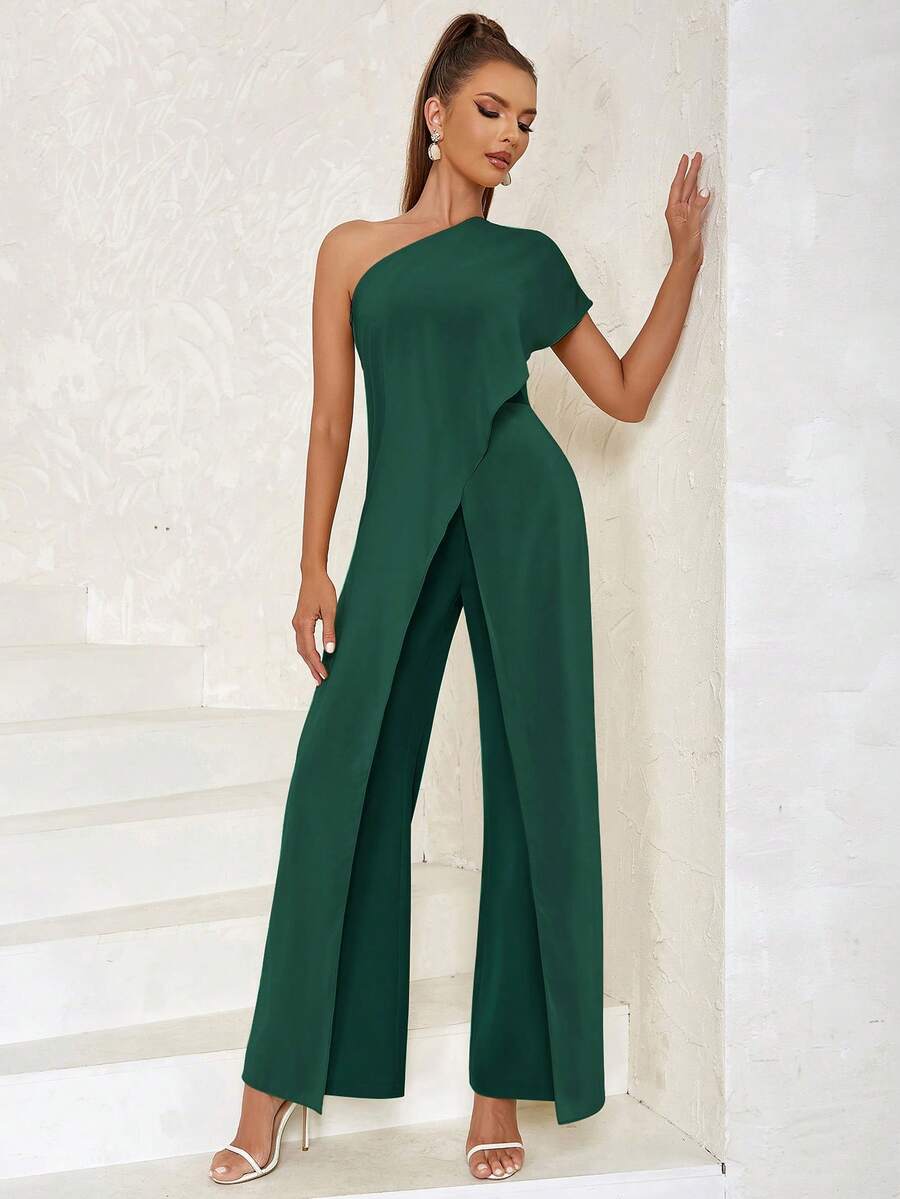Asymmetrical Shoulder Sexy Simple Patchwork Wide-Leg Jumpsuit - Dark Green - View 1