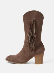 Women's Mid-Calf Tassel Brown Boots With Heel - Brown - View 2
