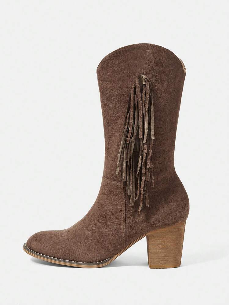 Women's Mid-Calf Tassel Brown Boots With Heel