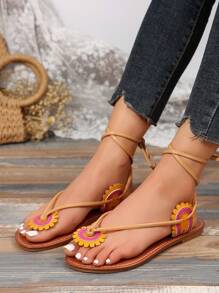 Kích thước lớn Xuyên biên giới Của phụ nữ Hoa Hướng dương Hoa Dải mỏng Vòng ngón chân Dép phẳng - Màu vàng - Xem 5