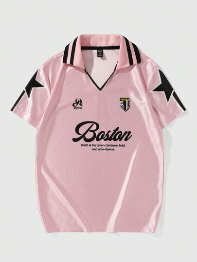 Prep Polo à imprimé étoile et slogan pour hommes, convient pour le port quotidien au printemps et en été, école