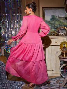 Glamaker Vestido De Talla Grande Con Cuello En V, Mangas De Linterna Y Dobladillo Asimétrico - Rosa Fucsia - Ver 2