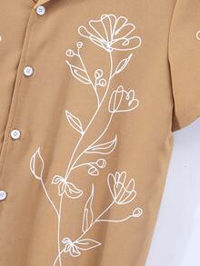 十幾歲男孩的花卉印花短袖立領襯衫 - 棕色 - 查看 5